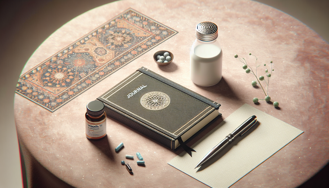 alt_text: A serene bedside scene with a closed journal, pen, and vitamin bottle in soft natural light.