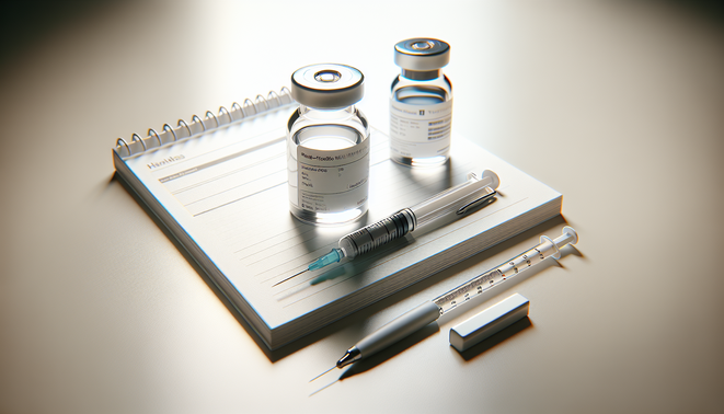 alt_text: A sterile injection vial and syringe beside a notepad and pen on a clean white surface.