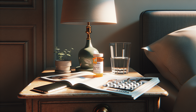 Understanding Erectile Dysfunction: Why You May Not Be Attracted to Your Partner and How to Address It alt_text: A bedside table featuring a lamp, open magazine, medication bottle, and a glass of water.