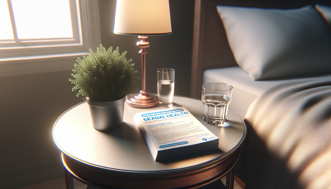 alt_text: Bedside table holding a glass of water, a plant, and sexual health pamphlets.