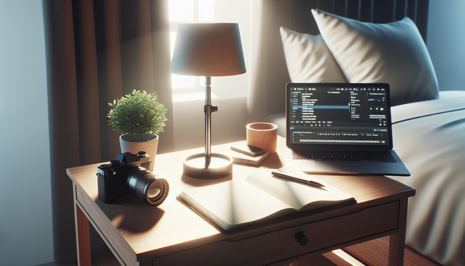alt_text: A cozy bedside table featuring an open notebook, a pen, and a small potted plant.