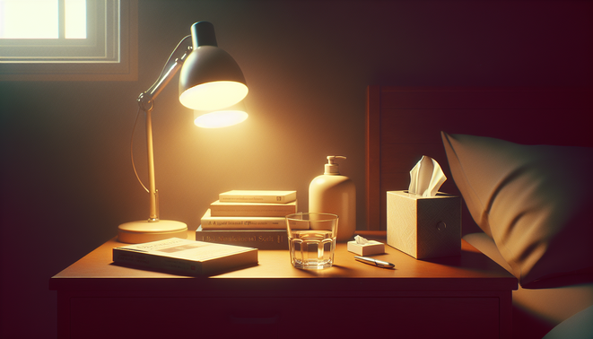 alt_text: A serene bedside table with a lamp, books, water glass, and tissues, creating a calming vibe.