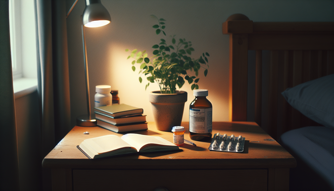 alt_text: A bedside table with a medication bottle, a plant, and a softly lit open notebook.