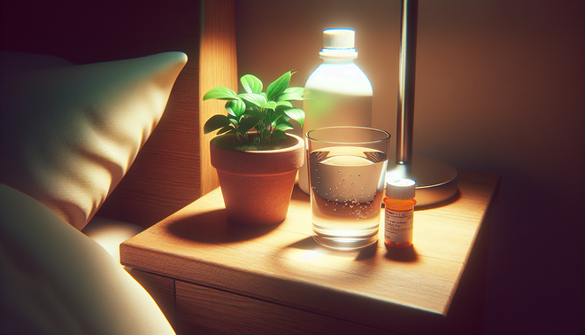 alt_text: A softly lit bedside table featuring a glass of water, a small plant, and medication.