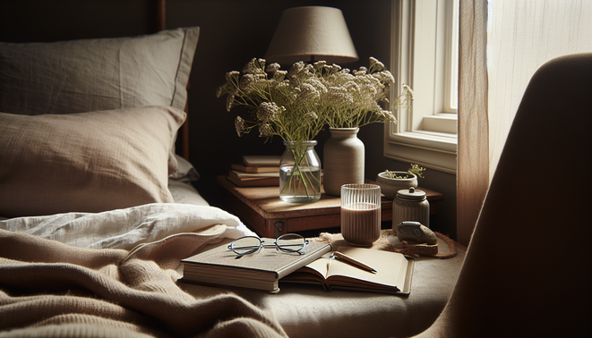 alt_text: A serene bedroom scene featuring a journal, glasses, and fresh flowers on a bedside table.