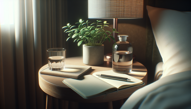 alt_text: A soft-lit bedside table holds a potted plant, a water bottle, and an open notebook with a pen.