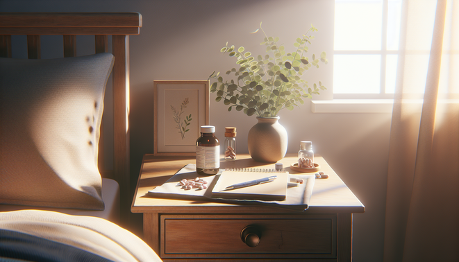 alt_text: A cozy bedside table with a decorative plant, notepad, pen, and vitamins in soft morning light.