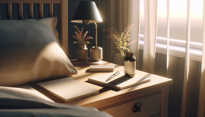 alt_text: A bedside table featuring a notepad, pen, and vitamin bottle bathed in soft morning light.