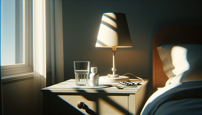alt_text: A bedside table featuring a glass of water, a soft lamp, and a medication bottle.
