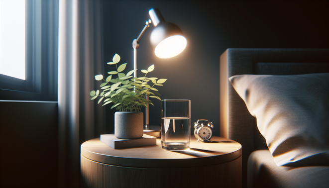 alt_text: A calming bedside table scene with a lamp, water glass, and a small plant.