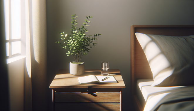 alt_text: A minimalist bedside table with a potted plant, glass of water, and an open notebook with a pen.
