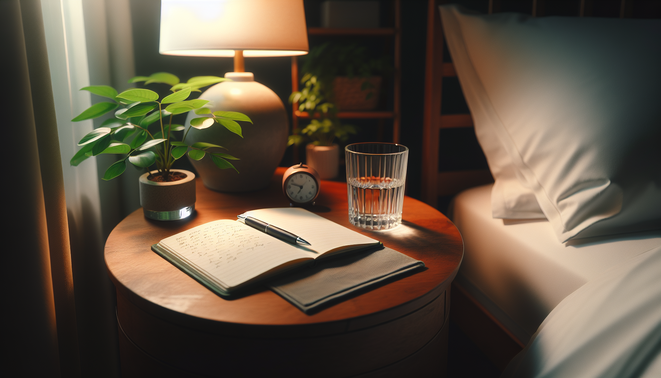 alt_text: A bedside table featuring a small plant, a glass of water, and an open notebook in soft light.
