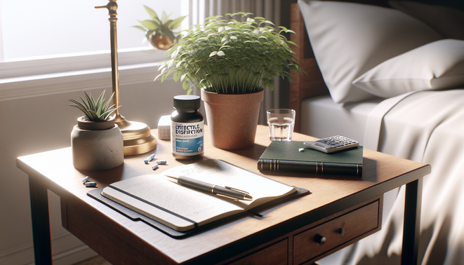alt_text: A bedside table featuring medication, a small plant, and an open notebook with a pen.