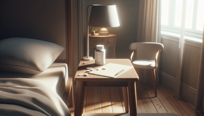alt_text: A bedside table with a notepad, pen, and vitamins, creating a serene bedroom atmosphere.