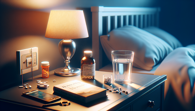 alt_text: A softly lit bedside table with a glass of water, medication bottle, and a romance novel.