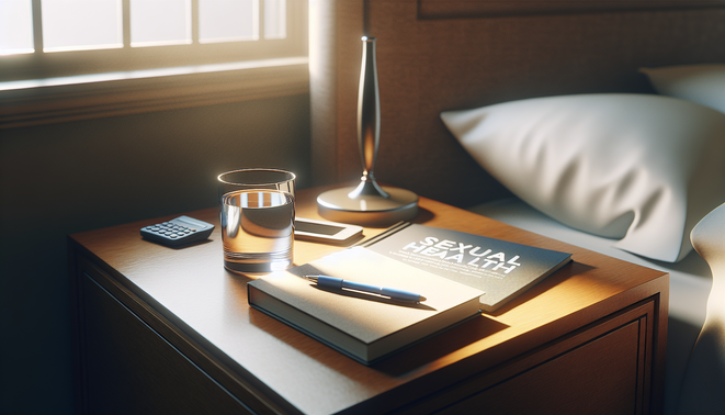 alt_text: A bedside table with a glass of water, notepad, and open book on sexual health in a serene setting.