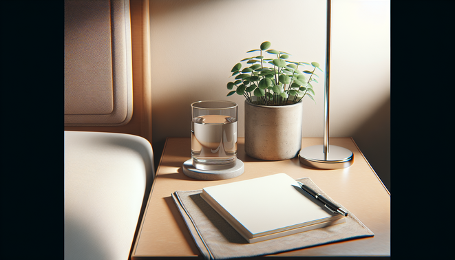 alt_text: A bedside table with a glass of water, a potted plant, and an open notepad with a pen.