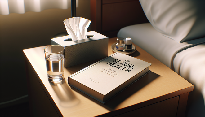 alt_text: Bedside table featuring a tissue box, water glass, and an open book on sexual health.