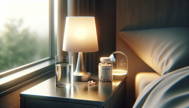 alt_text: A cozy bedside table featuring a lamp, a glass of water, and a vitamin container in soft light.