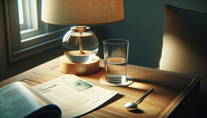 alt_text: A bedside table featuring a lamp, a glass of water, and an open pamphlet on erectile dysfunction.