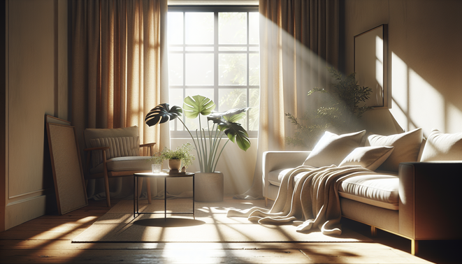alt_text: A serene living room corner filled with warm light, a soft couch, and a nearby plant.