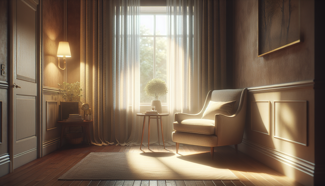 alt_text: A peaceful living room corner with soft light and an inviting armchair.