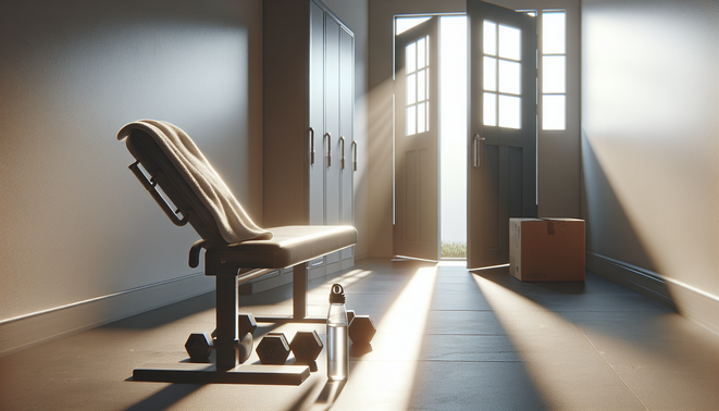 alt_text: A gym towel and water bottle on a bench, illuminated by soft sunlight from an open doorway.