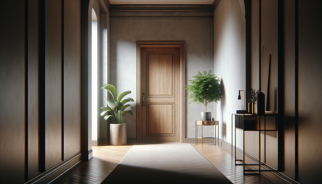 alt_text: A serene hallway with gentle lighting, a closed door, and a potted plant on a console table.