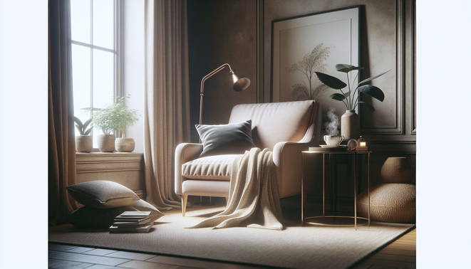 alt_text: A serene corner with a cozy armchair, blanket, and steaming tea, inviting relaxation and comfort.