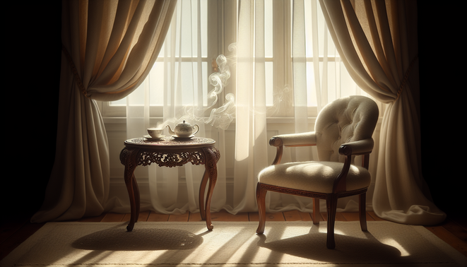alt_text: A serene living room corner in morning light with a cozy chair and tea on a side table.