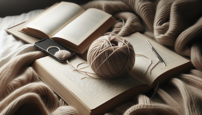 alt_text: A tangled ball of yarn next to an open book on a cozy, neutral-toned blanket.