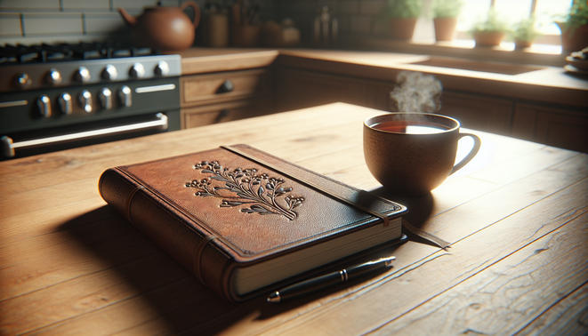 alt_text: A cozy kitchen table featuring a closed journal and a steaming cup of herbal tea.