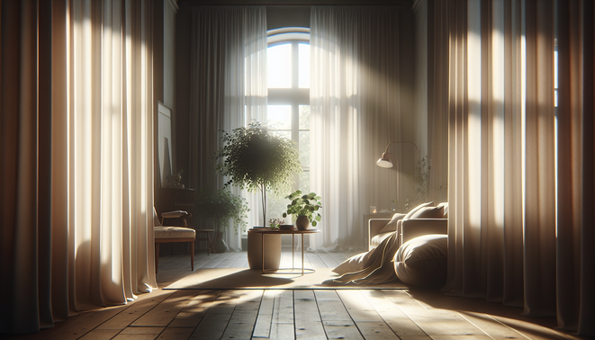 alt_text: A serene living room corner bathed in morning light, showcasing a potted plant on a table.