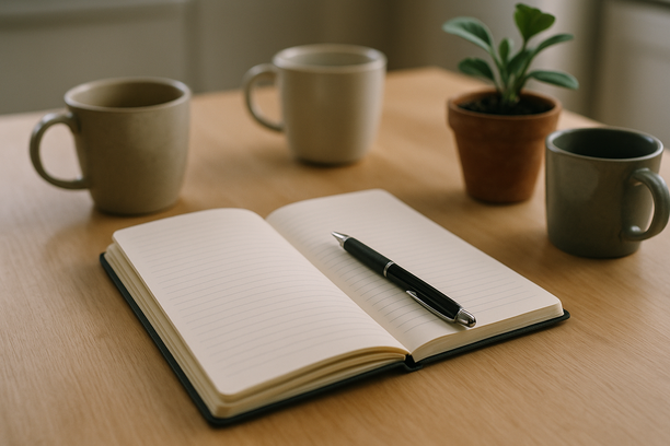 alt_text: Open journal with a pen on a kitchen table, surrounded by empty coffee mugs and a potted plant.