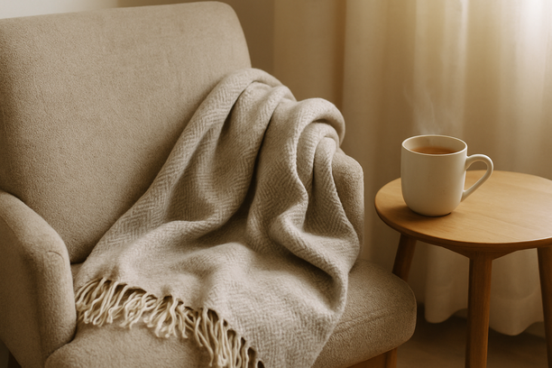 alt_text: A cozy chair adorned with a throw blanket and a steaming cup of herbal tea on a side table.