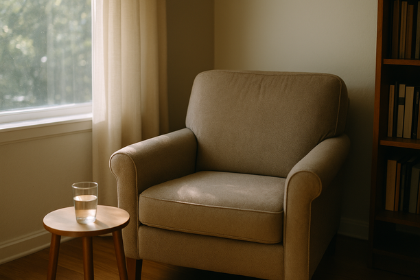 alt_text: A serene living room corner with soft light, a cozy armchair, and a glass of water on a table.