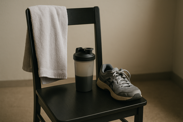 alt_text: A gym towel, running shoes, and a protein shake container on a chair, symbolizing a lack of motivation.
