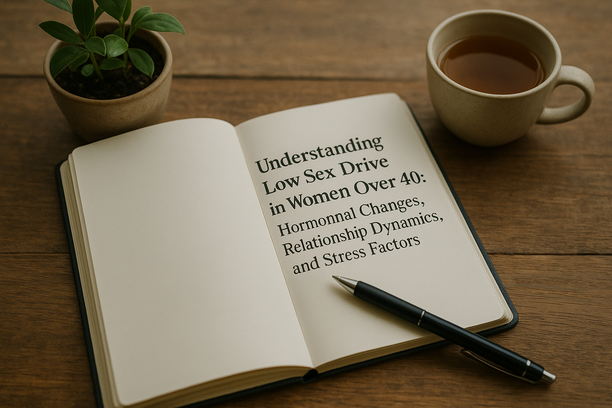 alt_text: An open journal and pen on a wooden table with a potted plant and a cup of herbal tea.