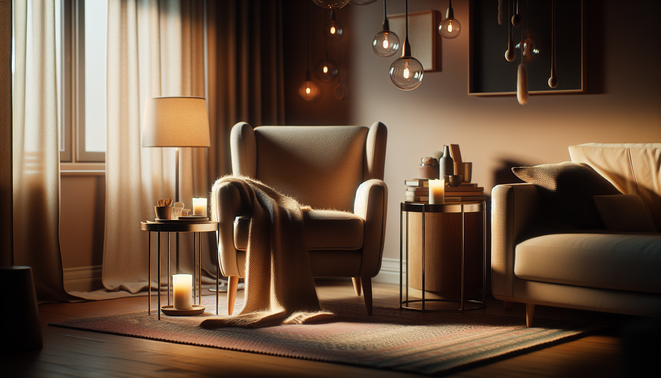 alt_text: A cozy living room corner featuring a warm armchair and gently glowing light.