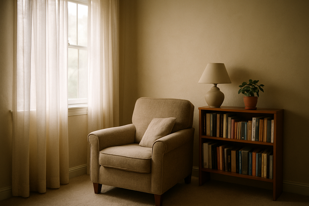 alt_text: Cozy living room corner with natural light, a comfy chair, and a small bookshelf nearby.