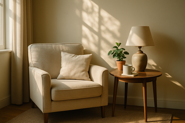 alt_text: A cozy living room corner with a chair and side table, illuminated by natural light.