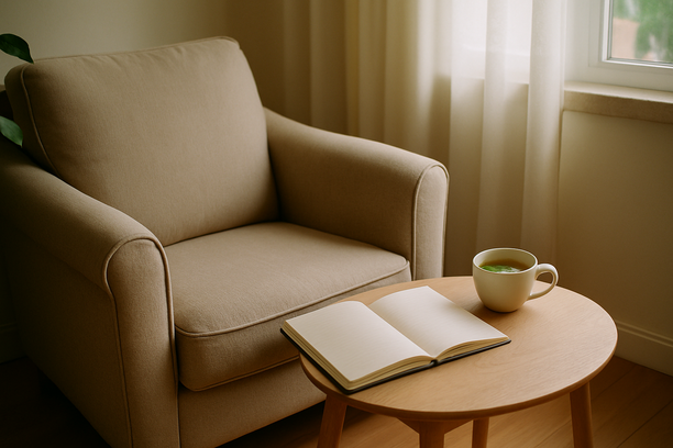alt_text: A tranquil living room corner with a cozy armchair, notebook, and steaming herbal tea.