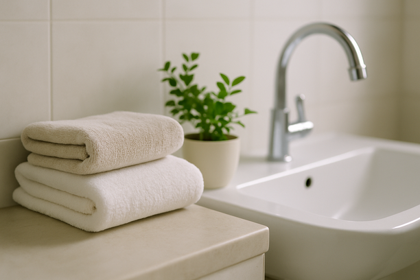 alt_text: A serene minimal bathroom sink with fresh towels and a potted plant, exuding tranquility.