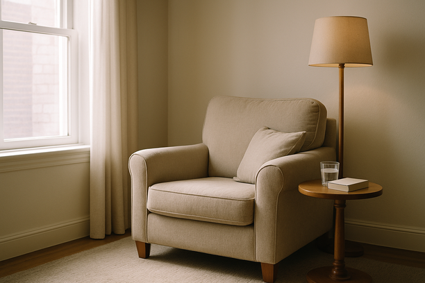 alt_text: A serene living room corner with an armchair and a side table in soft, gentle morning light.
