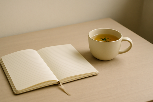 alt_text: A tranquil desk scene with a journal and herbal tea, inviting moments of quiet reflection.