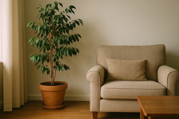 alt_text: A tranquil living room corner with a cozy armchair and a potted plant, promoting calmness.