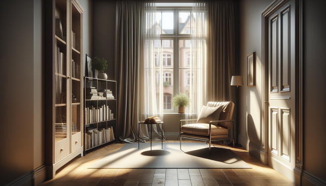 alt_text: A tranquil living room corner with a chair, bookshelf, and soft, sheer-curtained window view.