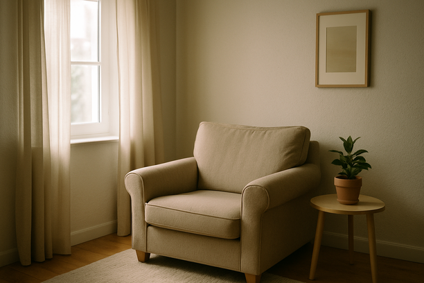 alt_text: A tranquil living room corner with morning light, a cozy armchair, and a potted plant.