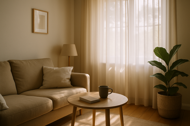 alt_text: A serene living room bathed in soft morning light, with sheer curtains enhancing the peaceful vibe.