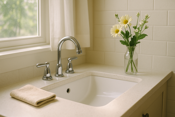 alt_text: A bright bathroom sink with fresh flowers and soft light, creating a serene atmosphere.
